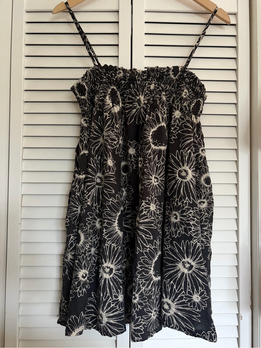 Urban Outfitters Black and Cream Floral Smocked Babydoll top